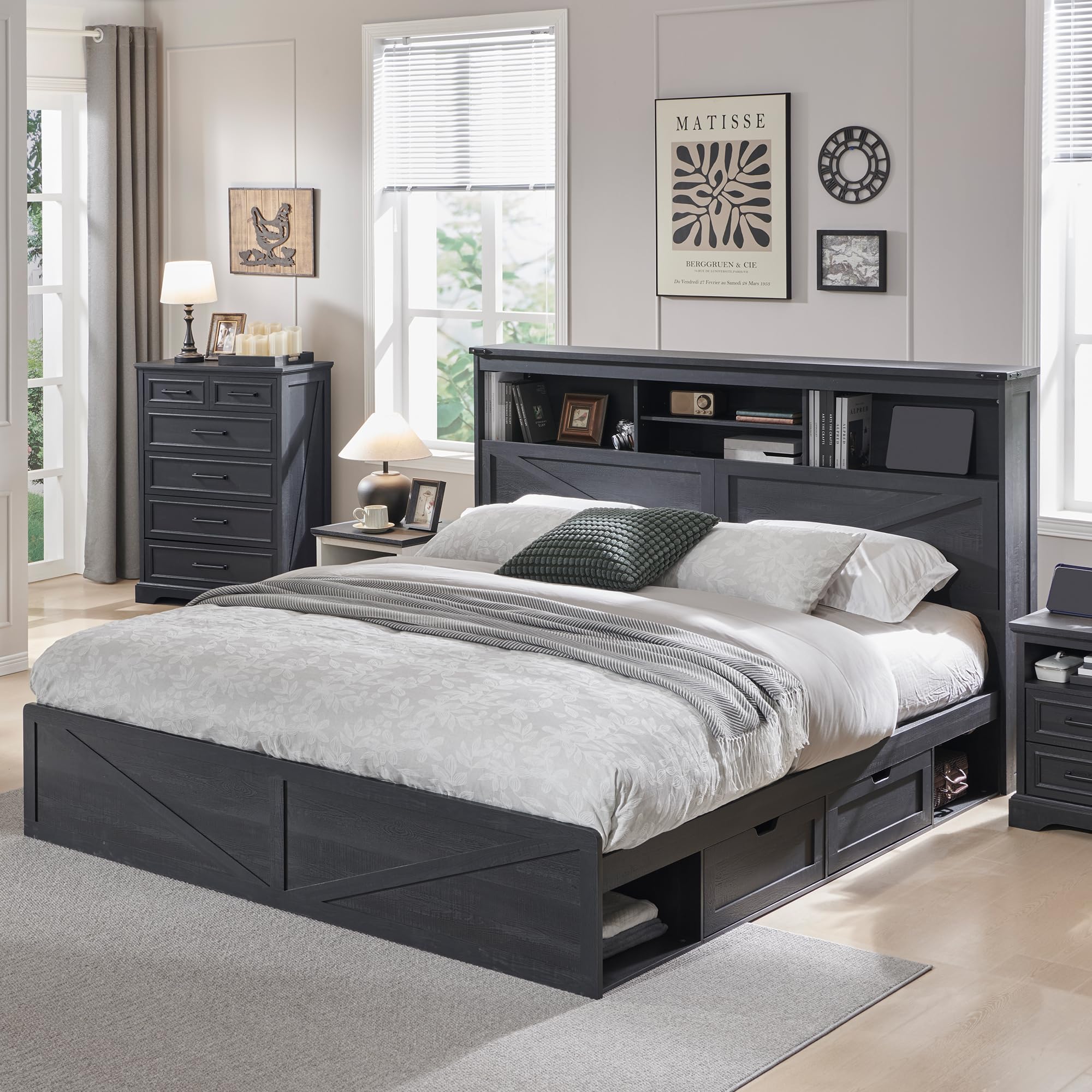 King Size Bed Frame With Storage Drawers - โครงเตียงขนาดคิงไซส์สไตล์ฟาร์มเฮาส์ พร้อมหัวเตียงที่มีชั้นวางของสูง 52 นิ้ว และลิ้นชัก 4