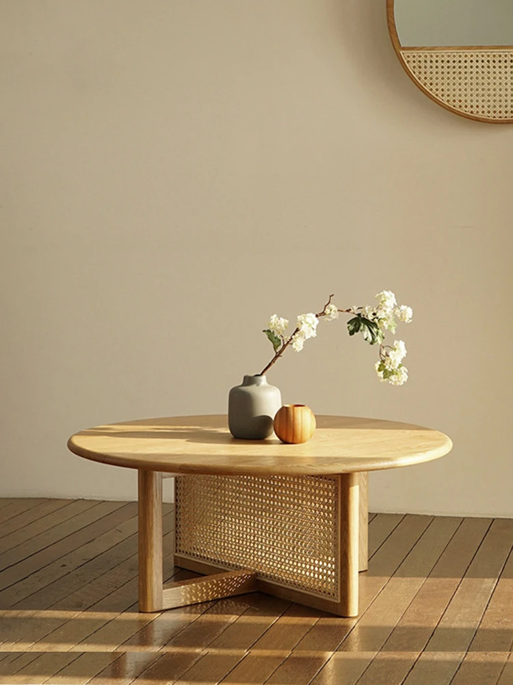 Tables - โต๊ะกาแฟทรงกลมไม้จริงหวายสไตล์วินเทจ สำหรับห้องนั่งเล่น เฟอร์นิเจอร์บ้านสไตล์วบิซาบิ โต๊ะน้ำชาญี่ปุ่นสำหรับระเบียง