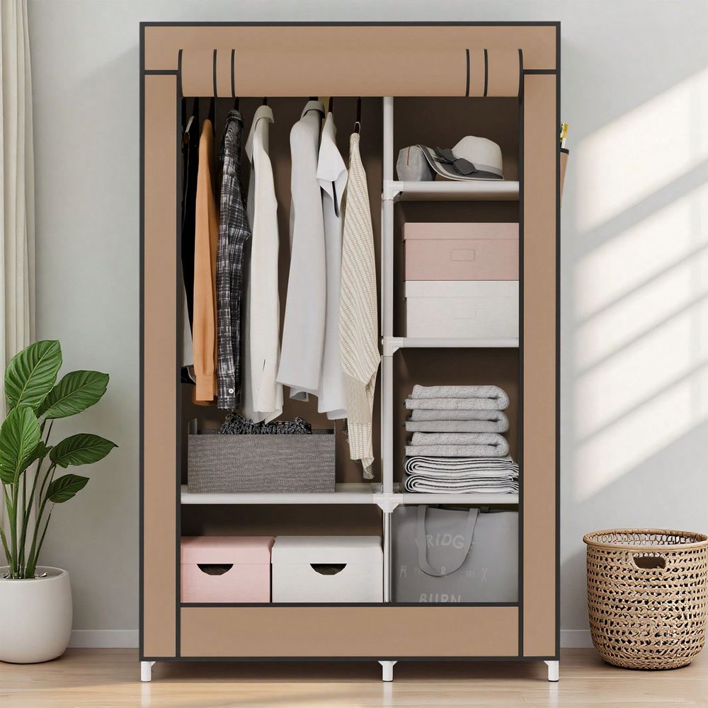 Wardrobe Closet Portable Fabric Cover - ตู้เก็บเสื้อผ้าแบบแขวน, ตู้เสื้อผ้าแบบพกพาขนาดใหญ่พร้อมฝาปิด, 6 ชั้นวางของและ 4 ช่องเก็บของด้านข้าง,