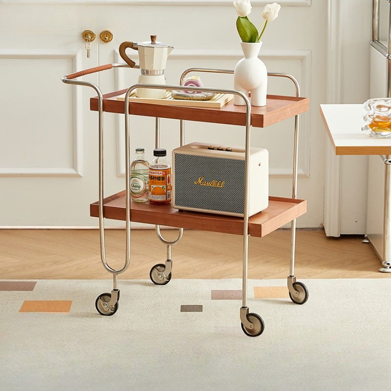 Tables - รถเข็นไม้เนื้อแข็งขนาดเล็กสำหรับห้องนั่งเล่น สไตล์นอร์ดิก โต๊ะข้างโซฟาเคลื่อนย้ายได้ รถเข็นเสิร์ฟอาหาร ชั้นวางของสไตล์โบราณ