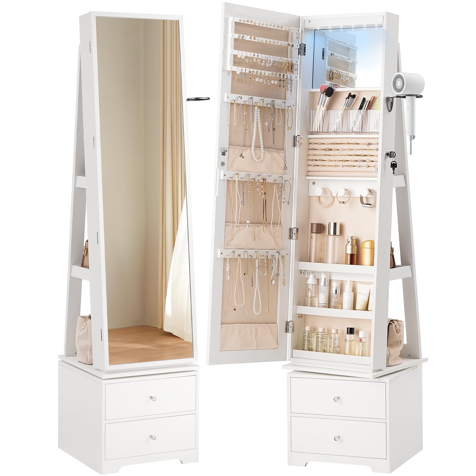 Full Length Mirror Jewelry Armoire - 360 ° ตู้เก็บเครื่องประดับแบบหมุนได้ พร้อมไฟ LED, ตู้เก็บเครื่องประดับแบบตั้งพื้น