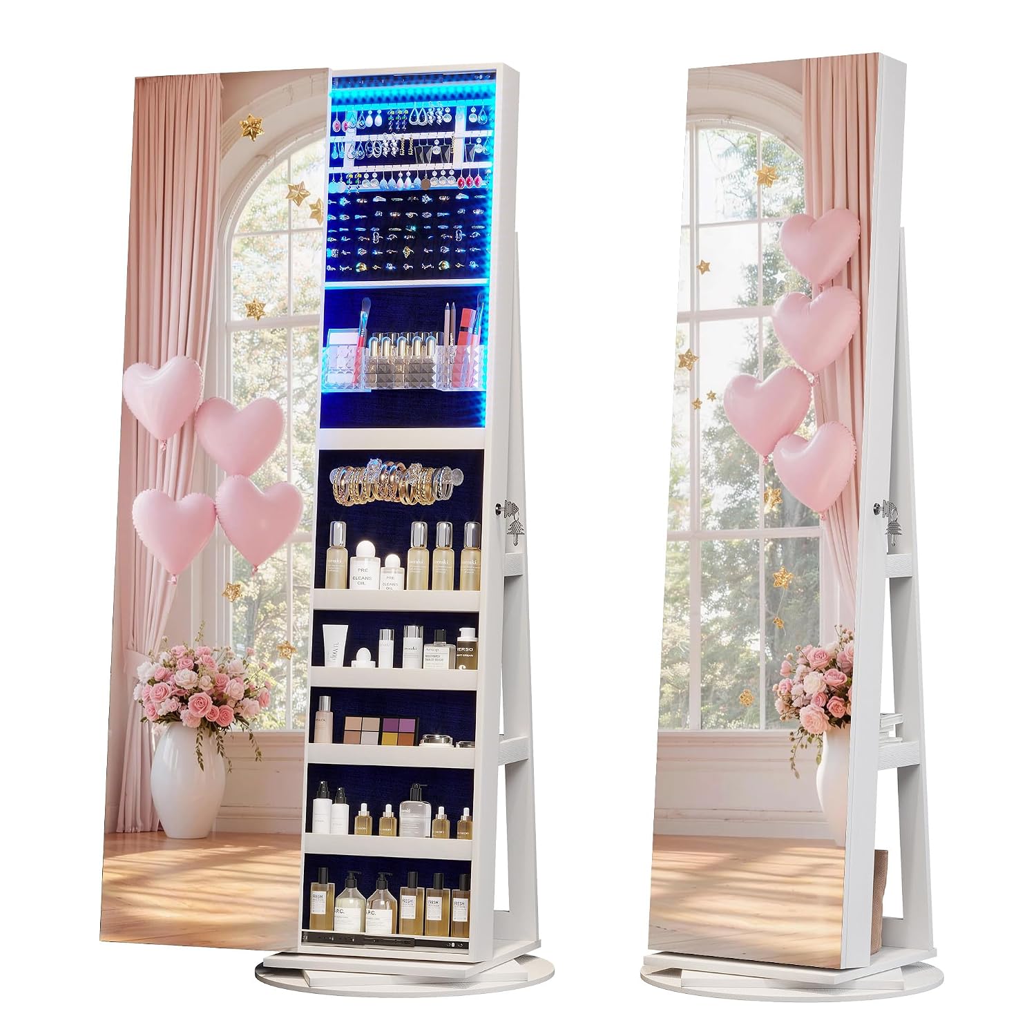 Full Length Mirror Jewelry Armoire - 360 ° ตู้โชว์เครื่องประดับแบบหมุนได้ พร้อมไฟ, ตู้เก็บเครื่องประดับแบบตั้งพื้น, กระจกเต็มตัวแบบหมุนได้