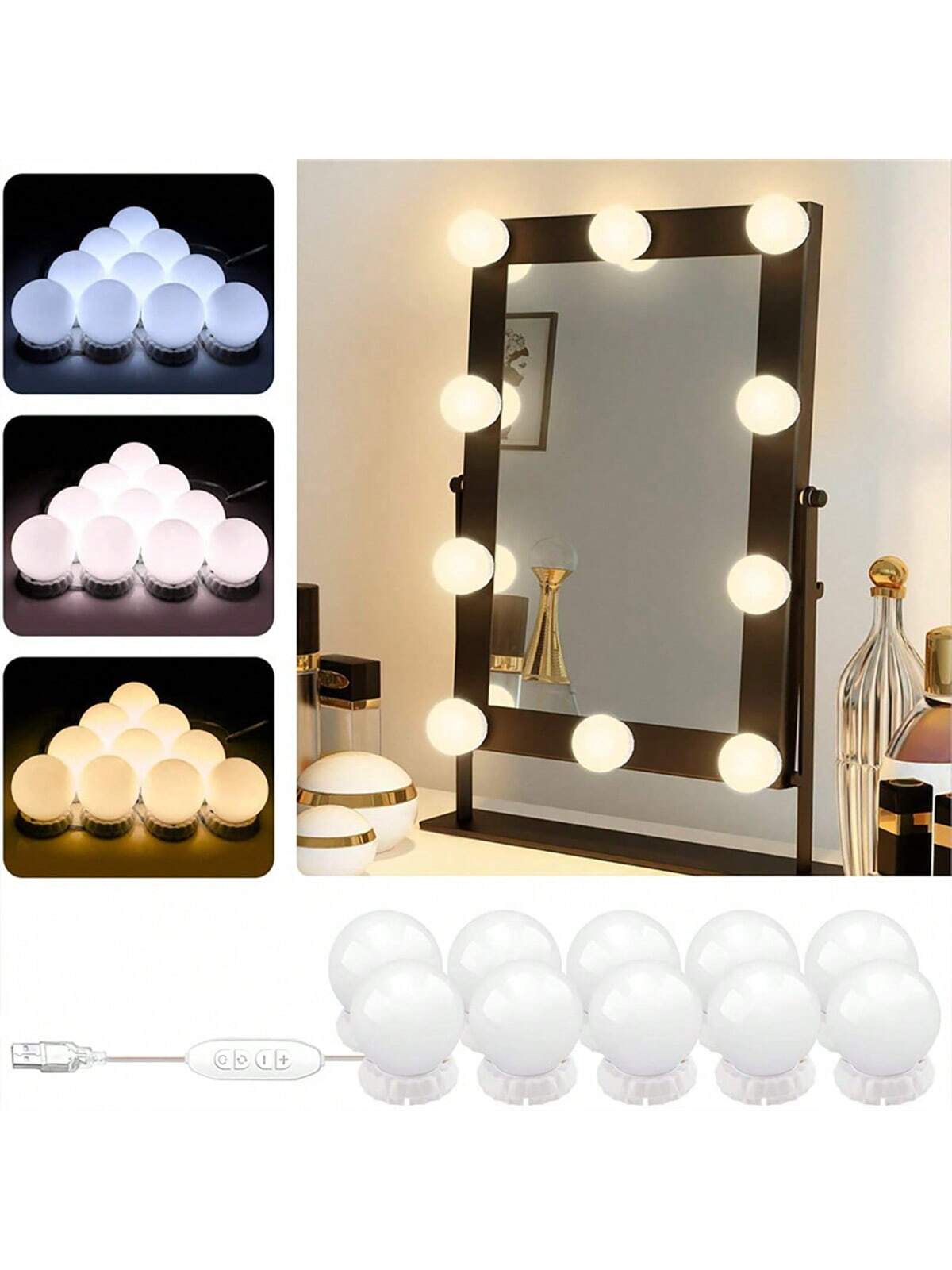 Dressing Table Vanity With Lighted Mirror - หลอดไฟถอดเปลี่ยนได้ใหม่ โคมไฟกระจกแต่งหน้ามืออาชีพ ไฟกระจกแต่งหน้าใช้พลังงาน USB ไฟ LED